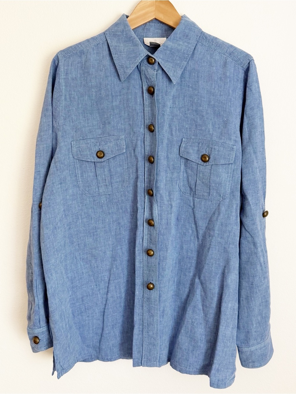 Soft Surroundings Linen Shirt XL Blue Chambray Roll Tab Lagenlook Artsy Boho Top